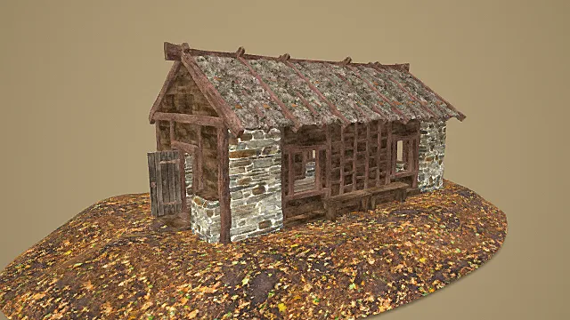 卡通风格中世纪石木混合乡村长屋3D模型