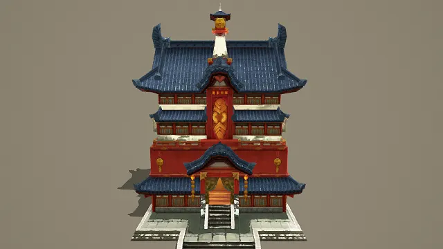 3D卡通风格中式多层建筑模型，创意设计（3D建筑、卡通风格、华丽喜庆，文化主题，物品元素）