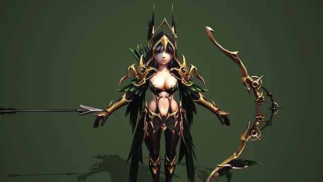卡通 Q 版丛林精灵女弓箭手带荆棘猎弓 3D 游戏角色模型