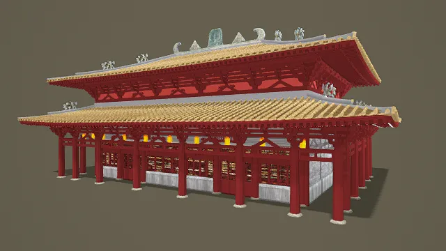 3D卡通风格中式宫殿模型，创意设计（3D建筑、卡通风格、华丽庄重，文化主题，物品元素）