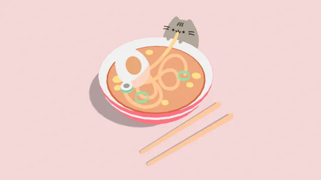 制作pusheen胖吉猫插画角色吃面条动画