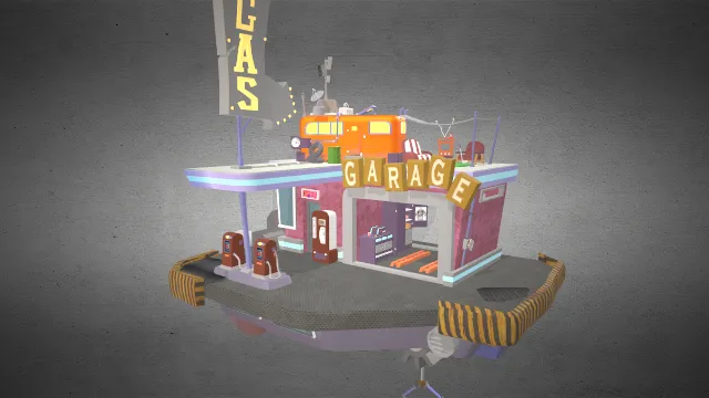 风格化加油站建筑房子场景