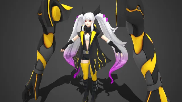 科幻机甲  萌系萝莉  反差  双马尾  巨型机械臂  黑黄配色  娇小身形  女性角色形象  