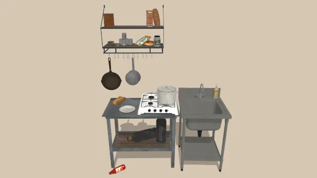 厨房桌子工具餐具用品面包调味料食物