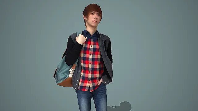 活力青春风红格衬衫叠拼色夹克男性背包出行形象 3D 模型