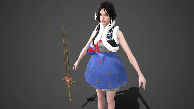 花饰尖戟  萌系造型  国风  女将风格  3D 女性角色模型  黑纹马甲  蓝白主色调  英气灵动