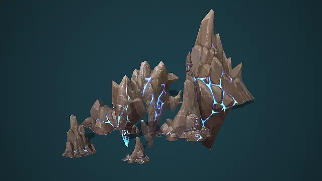 带蓝色发光裂缝的尖刺岩石群场景 3D 模型