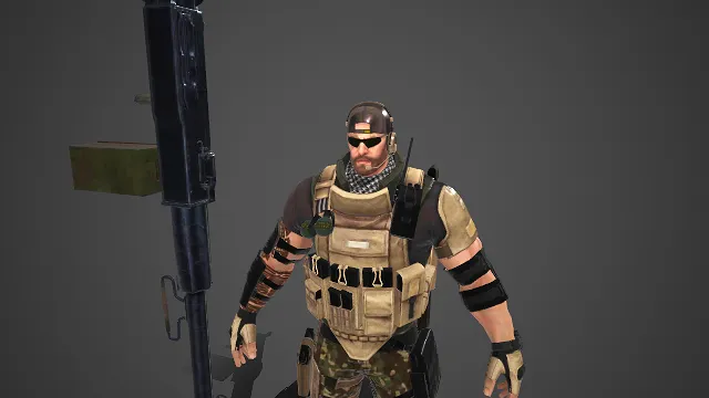 重装士兵  迷彩作战装  卡其战术背心  重型武器  军事游戏角色  现代战术士兵