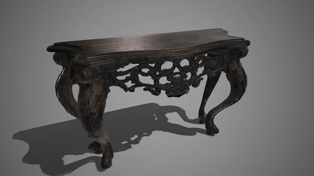 复古风格  雕花长桌  木纹质感  边缘弧形设计  镂空雕花装饰  浮雕纹理  欧式古典家具