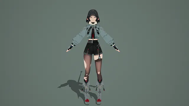 时尚风格3D女性角色模型，创意设计（时尚女性角色、3D模型、短发、潮流服饰、破洞丝袜、灰色背景、独特造型 ）