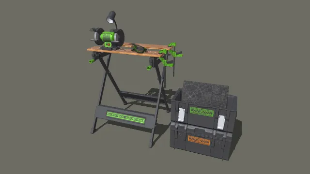 绿黑工业砂轮机工作台与工具箱三件套 3D 模型