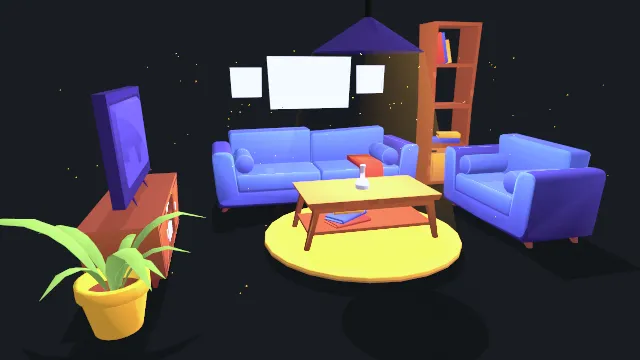 卡通风格化客厅场景家具布局房间