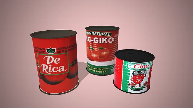 一组不同品牌的番茄膏罐头3D模型，浓缩番茄配料组合
