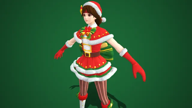 圣诞风格  3D 女性角色模型  金色铃铛  蝴蝶结  节日氛围  可爱  绒毛边连衣裙