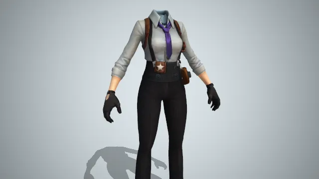 女士工装服，紫色领带配饰，手戴黑色手套