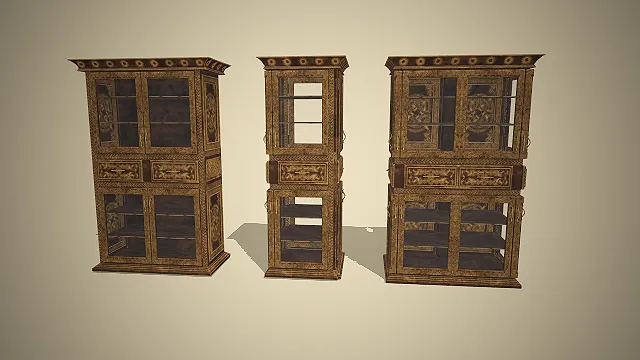一组黑金配色的，写实风格欧式雕花展示柜3D模型