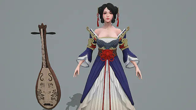 国风古典风女性角色模型（蓝白红金配色服饰造型）