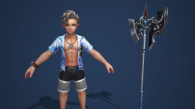 卡通 Q 版夏日沙滩硬汉带花纹双刃巨斧 3D 游戏角色