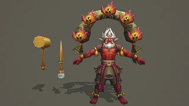 奇幻妖魔风格男性角色模型（红金紫配色火焰元素造型）