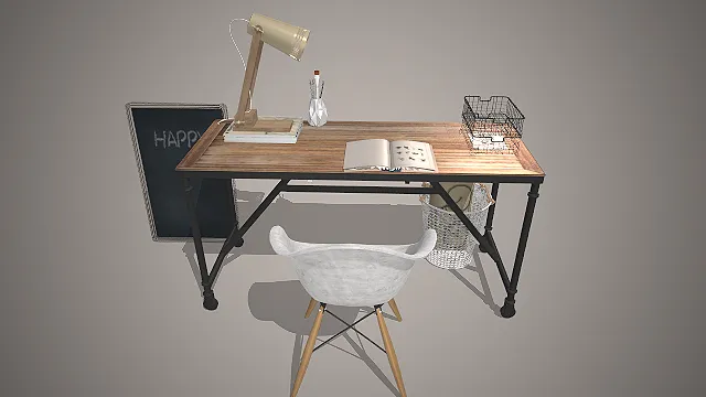 工业风书桌  木质桌面  简约座椅  台灯摆件