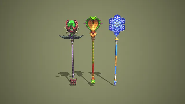 三款元素主题法师法杖 3D 模型 游戏武器道具资产