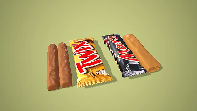 卡通风格 Twix 与 Mars 巧克力棒组合 3D 低多边形零食场景装饰模型