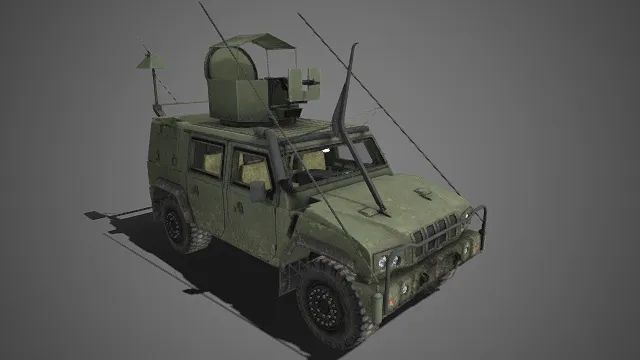 军用战术防护车辆  橄榄绿涂装  线条硬朗  武器站  侦察设备  通讯天线  大尺寸越野胎  