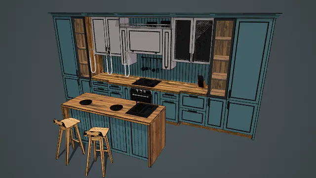 3D卡通风格棕蓝白系现代厨房场景模型，创意设计（3D场景、卡通风格、卡通现代风，场景设计主题）