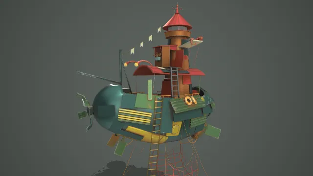 蒸汽朋克灯塔破旧飞船运输工具模型