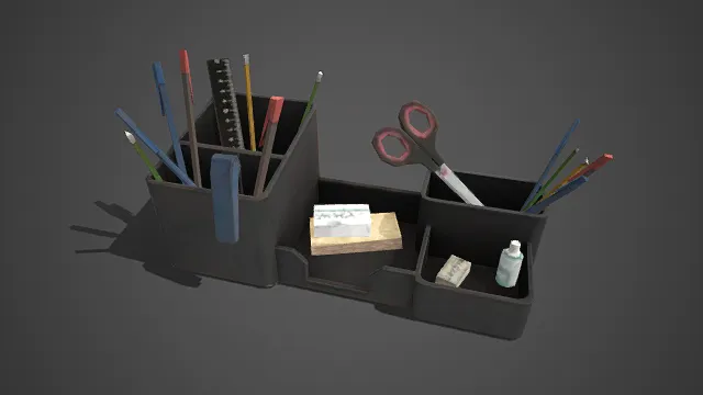 办公风格  多格文具收纳盒  笔插区  抽屉区  独立小格  黑色外观  日常办公  桌面道具