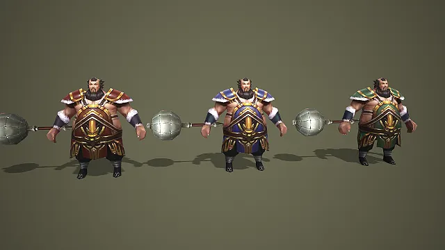 三色重甲胖武将配巨锤角色模型