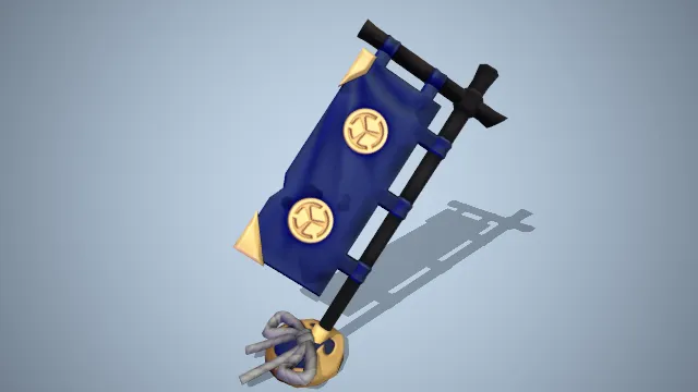 蓝色旗帜插在旗杆上，绳子绑成蝴蝶结样子