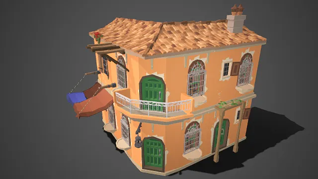 低多边形  暖橙色墙面  深绿色门窗  双层民居  宅院  生活气息  