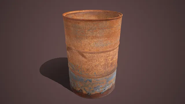 圆柱形金属桶  铁皮材质  棕褐色锈迹  严重磨损剥落  铆钉  工业用储物桶  