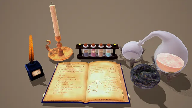 奇幻风格魔法道具组合3D模型，魔法场景（魔法道具、奇幻风格、蜡烛、羽毛笔、试剂瓶、魔法书、坩埚 ）