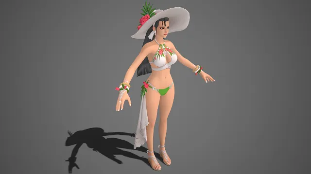 3D女性角色建模  白色宽檐帽  绿色比基尼  花朵装饰  游戏角色设计  清新美感  夏日度假风情
