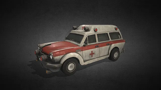 废土风的救护车模型  表面做旧质感  警示灯  3d模型