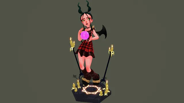 3D卡通风格恶魔少女角色场景模型，创意设计（3D角色、卡通风格、暗黑奇幻风，角色场景主题）
