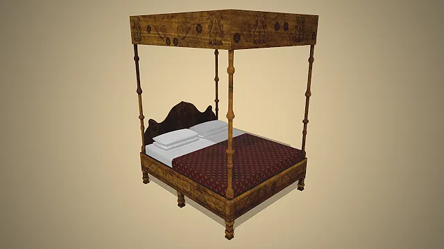 一款古典宫廷风格的，写实四柱雕花床3D模型