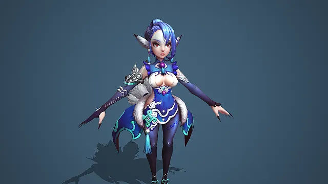蓝发狐耳妖女带青蓝纹样利爪 3D 游戏角色模型