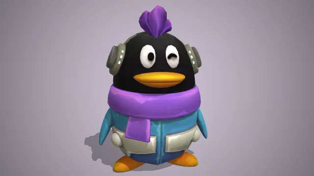 穿着羽绒服的QQ企鹅，头戴耳机，围着紫色的围巾