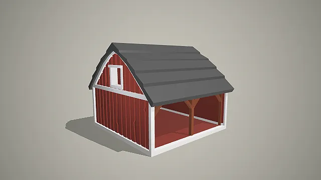 低多边形开放式红色谷仓 3D 模型 农场棚屋场景搭建素材