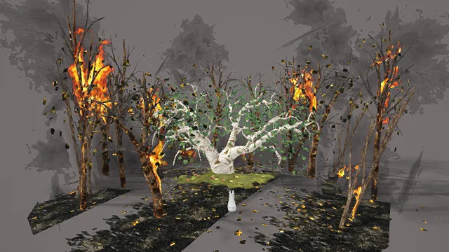 3D卡通风格火灾与生机森林场景模型，创意设计（3D场景、卡通风格、奇幻风，场景设计主题）