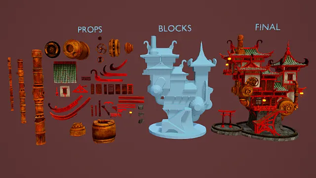   创意风格3D建筑模型制作展示，创意设计（创意建筑模型、3D模型、红色部件、白膜模块、最终建筑、红色背景、独特设计 ）