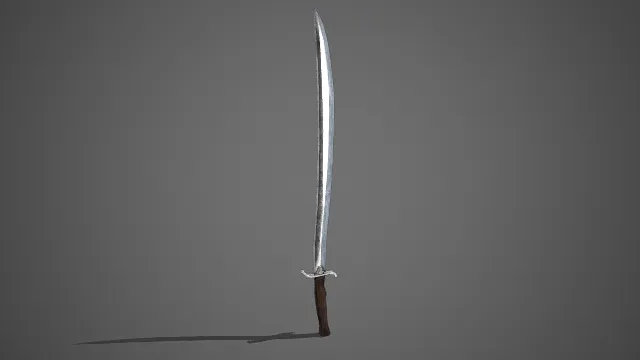 长刃弯刀  亮银色金属质感  线条流畅锋利  银质雕花  复古装饰美感  古典兵器  长兵器