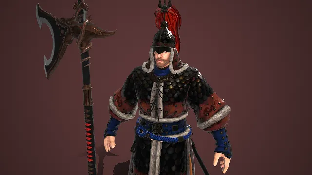 游戏男角色  国风武将  斧戟武器  鳞纹战甲  高冠红缨  军将威严  厚重感  传统甲胄