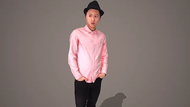 粉衬衫黑裤男士戴帽插兜站姿人物 3D 模型