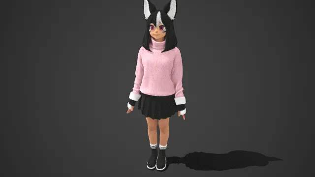 狐耳  粉毛衣  萌系  黑裙  白袜  软萌风格  粉瞳