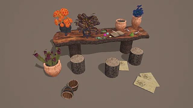 奇幻风格巫师学校植物学实验台套装3D模型