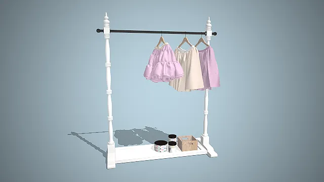 法式复古落地衣架  多功能衣帽架  白色雕花立柱  儿童裙装